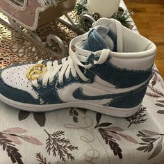 Jordan 1’s Excellent Condition, Colors Blue, White And Gold Size 6 Jean Material Jean Jordan 1s, White Denim Sporty Sneakers, Denim Blue High-top Sneakers, Blue Lace-up Custom Sneakers, Tenis Nike Jordan, Shoes Jordan 1, Jean Material, Jordan 1s, Womens Jordans