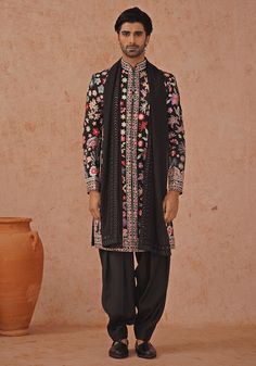 Black Embellished Sherwani Set With Dupatta Kalpraag - Fabilicious Fashion Mens Wear Wedding, Vacuum Storage, Men's Ethnic Wear, Embroidered Pants, Indian Wedding Wear, Indian Groom, Groom Outfit, Wedding Wear, Western Outfits