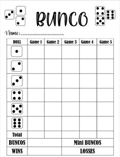 a printable game with dices and numbers for the word bunco on it