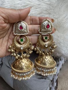 Silver & Gold Jhumka with quartz stone and pearl strings Multicolor Chandbali Jhumkas With Intricate Design, Traditional Jhumkas With Intricate Design For Eid, Traditional Intricate Jhumkas For Eid, Festive Intricate Design Jhumkas For Eid, Festive Multicolor Peacock Jhumkas, Festive Multicolor Peacock Design Jhumkas, Festive Multicolor Chandbalis With Intricate Design, Bollywood Style Multicolor Chandbalis With Intricate Design, Navratri Temple Jewelry Chandbalis With Peacock Design