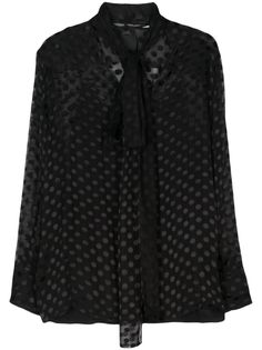 black silk blend crepe texture polka dot dévoré pussy-bow collar V-neck long sleeves buttoned cuffs detachable camisole straight hem Silk Tops, Bow Collar, City Dress, Summer Beach Wear, Blouse Black, Ski Wear, Lady Dior, Silk Top, Black Silk