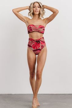 Red Tropical Print Swimwear For Vacation, Red Tropical Swimwear For Poolside, Monstera Print, Portrait Retouch, Flattering Swimwear, Red Swimwear, Cold Fits, High Waisted Bathing Suits, Swimsuit Material