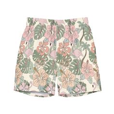 Men's tropical boho floral swim trunks.  Women's matching swimsuit is sold in a separate listing.   https://www.etsy.com/listing/1462890833/womens-tropical-boho-flowers-bikini?click_key=7c99997ab3e8360cdb4319582e9fe8e172db7992%3A1462890833&click_sum=b211716b&ref=shop_home_active_1&frs=1  These swim trunks have everything you need for a hot summer day--they're quick-drying and breathable, have multiple pockets for your belongings, and feature a silky, anti-chafe inner liner. Get yours now! * Fabric composition: (may vary by 5%) 91% recycled polyester, 9% spandex * Liner composition: 92% polyester, 8% spandex * Fabric weight (may vary by 5 5.13 oz/yd² (174 g/m²)  * Four-way stretch water-repellent microfiber fabric * Anti-chafe mesh inner liner * Elastic waistband with drawcord * Mesh pocket Summer Vacation Swim Trunks, Hawaiian Beach Shorts For Spring, Hawaiian Shorts For Spring Beach Party, Hawaiian Shorts For Beach Party In Spring, Hawaiian Style Shorts For Spring Beach Party, Tropical Swimwear For Summer, Spring Tropical Print Shorts For Poolside, Pink Shorts For Pool In Spring, Pink Shorts For Spring Poolside