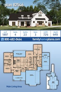 two story house plan with 3 car garage and living area in the front, an open floor