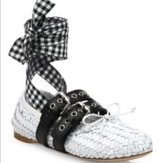 White Weave Pattern. Round Toe, Double Buckles And Ankle Ties. Comes With One Gingham Strap, One Black Strap That Are Removable. 100% Leather. Still In Original Box. Miu Miu Flats, Black Ballet Shoes, Checkered Shoes, Lace Up Ballet Flats, Patent Leather Ballet Flats, Black Flats Shoes, Miu Miu Shoes, Ankle Strap Flats, Lace Up Flats