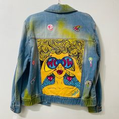 New Hand Painted Denim Jacket. One Of A Kind. Size M Spring Denim Blue Outerwear With Graphic Print, Trendy Graffiti Print Denim Jacket For Spring, Casual Blue Outerwear With Graffiti Print, Multicolor Denim Outerwear With Graphic Print, Spring Blue Denim Jacket With Graphic Print, Spring Blue Outerwear With Graffiti Print, Trendy Graffiti Print Denim Jacket, Trendy Denim Outerwear With Graffiti Print, Trendy Denim Jacket With Graffiti Print