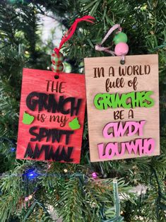 two christmas ornaments hanging from a tree with the words gringies be a crazy clown