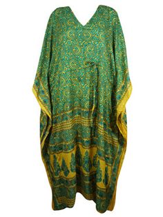 Boho Maxi Kaftan, Green ,Yellow Floral Palm Caftan L-2X The Bohemian Summer Caftan, handmade from recycled silk saris is ideal for vacations or resort days. This relaxed kimono-style maxi dress is a combination of casual luxury and eco-conscious fashion. Featuring an adjustable drawstring waist and crafted from recycled materials, these boho dresses are great housedresses or versatile beach cover-ups. With the surge in popularity of boho weddings set against natural backdrops, the comfortable ka Yellow Long Sleeve Festival Kaftan, Festival Long Sleeve Yellow Kaftan, Festive Green Kurta For Beach Occasions, Yellow Bohemian Kaftan For Festive Season, Yellow Bohemian Kaftan For Festive Occasions, Traditional Yellow Summer Kaftan, Yellow Bohemian Long Sleeve Kurta, Traditional Yellow Kaftan For Summer, Traditional Green Kurta For Vacation