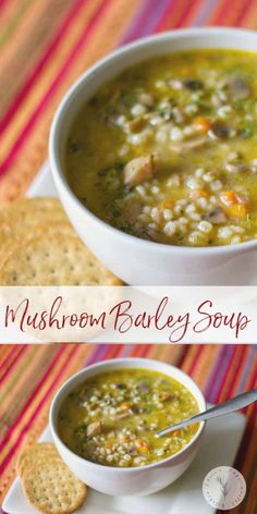 two bowls of mushroom barley soup with crackers on the side and another bowl full of soup