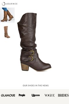 A sassy stacked heel elevates this motorcycle-inspired knee-high boot from Journee detailed with ruched vegan leather uppers and a wraparound strap at the ankle with antiqued buckle accents. Please refer to size chart for calf measurements. • Round-Toe • Slouchy Detail • Buckled Wraparound Strap Accent • Pull-On Silhouette • 14-in Shaft Height • Padded Footbed • 2 1/4-in Block Heel • Faux Leather Uppers All measurements are approximate and were taken using a size 6. Please note measurements may Stylish Shoes For Women, Big Calves, Over The Knee Socks, Wide Calf Boots, Buckle Boots, Wide Calf, Journee Collection, Calf Boots, Stylish Shoes