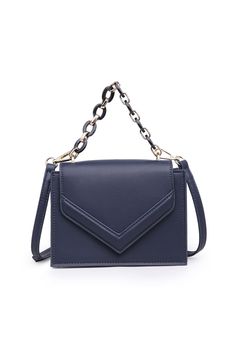 - Crossbody Bag - Smooth Vegan Leather - Navy Blue - Closure: Magnetic Snap - Square Shape - Acrylic Navy Blue Tortoise Handle, Drop: 4" - Detachable Additional Shoulder Strap, 22.25"-24.75" - Gold Hardware - Envelope Shape Front - Inside: Fabric Lines, 2 Card Slots - Dimensions: 7.5" L x 2" W x 6.25" H Navy Rectangular Shoulder Bag For Evening, Navy Shoulder Bag With Detachable Strap For Evening, Navy Rectangular Evening Shoulder Bag, Navy Formal Shoulder Bag With Detachable Strap, Formal Navy Shoulder Bag With Detachable Strap, Blue Flap Bag With Detachable Strap, Navy Bags With Detachable Strap For Formal Occasions, Navy Rectangular Shoulder Bag With Detachable Handle, Navy Crossbody Shoulder Bag With Removable Pouch