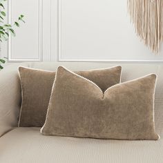 two pillows on a couch in front of a plant