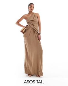 ASOS DESIGN Tall one shoulder draped maxi dress with full skirt in taupe | ASOS One Shoulder Pre-draped Maxi Dress, Pre-draped One-shoulder Ruched Maxi Dress, Elegant Asymmetrical Beige Maxi Dress, Elegant Beige Asymmetrical Maxi Dress, Chic Asymmetrical Beige Maxi Dress, Chic One Shoulder Solid Maxi Dress, Chic Solid Color One-shoulder Maxi Dress, Chic Solid Color One Shoulder Maxi Dress, Beige One-shoulder Maxi Dress For Summer