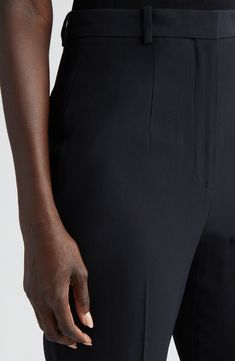 Sharp creases underscore the polished look of ankle-skimming cigarette pants impeccably tailored from signature leaf crepe. 28" inseam; 14" leg opening; 11" front rise; 16" back rise (size 44it) Zip fly with hook-and-bar closure Side-seam pockets; back welt pocket 52% viscose, 48% acetate Dry clean Made in Italy Designer Clothing Classic Tailored Structured Bottoms, Formal Structured Bottoms With Pressed Crease, Formal Structured Bottoms With Welt Pockets, Formal Structured Classic Bottoms, Structured Office Pants With Pressed Crease, Sleek Structured Bottoms, Classic Structured Fitted Pants, Tailored Structured Bottoms For Evening, Elegant Structured Bottoms With Welt Pockets