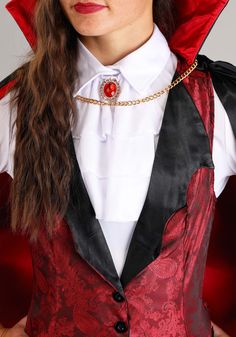 a woman wearing a red and black costume