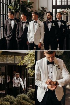 men in tuxedos are getting ready to go into their wedding ceremony at the same time