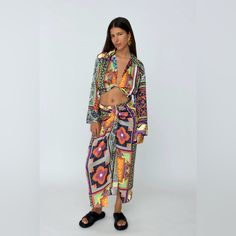 Zara Printed Vacation Set Can Be Work Together Or Apart Sold Out - Never Worn Multicolor Silk Summer Sets, Multicolor Silk Sets For Summer, Printed Orange Beach Sets, Vacation Sets In Silk For Spring, Spring Vacation Silk Sets, Summer Beach Silk Set, Vibrant Multicolor Spring Sets, Multicolor Vibrant Print Beach Sets, Beach Sets With Vibrant Multicolor Print