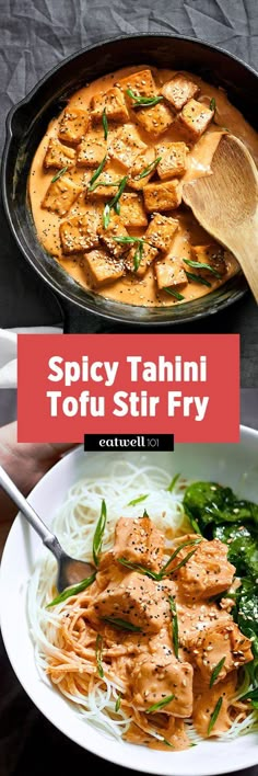 spicy tofu stir fry in a skillet with noodles and spinach on the side