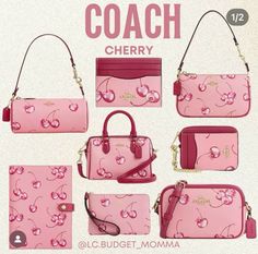 #purse #coach #aesthetic #fashion Cherry Coach Purse, Coach Cherry Collection, Cherry Coach Wallet, Coach Fruit Collection, Coach Cherry Wallet, Coach Fruit Bag, Pink Coach Wallet, Coach Cherry Bag