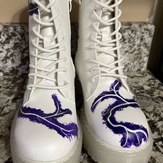 Hand Painted Size 7 Trendy Lace-up Boots For Spring Streetwear, Trendy Spring Streetwear Lace-up Boots, Trendy Purple Boots For Spring, Trendy Purple Lace-up Boots, Casual Purple High Heel Boots, Purple Lace-up Boots For Spring, Edgy White Spring Boots, Casual Purple Boots For Spring, Painted Lightning