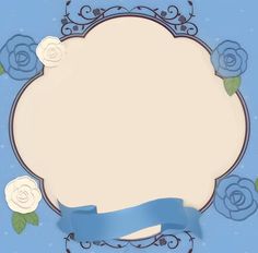 a blue and white rose frame with a ribbon on the bottom, surrounded by roses