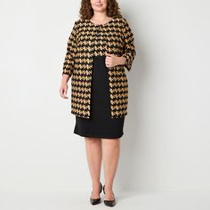 Danny & Nicole designed this women's plus jacket dress in a chic houndstooth pattern with black and light brown tones. Crafted from stretch-knit, the set includes a sleeveless dress with a round neckline, a knee length, and a zipper closure. It also comes layered with a matching jacket with three-quarter fitted sleeves and a button closure.# Pieces In Set: 2Included: 1 Jacket(s)2nd Piece Description: Jacket2nd Piece Closure Type: Button2nd Piece Neckline: Round Neck2nd Piece Sleeve Style: Fitted Jacket Dresses, Fitted Sleeves, Brown Tones, Houndstooth Pattern, Toffee, Three Quarter, Round Neckline, Light Brown, Jacket Dress