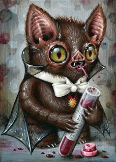 a painting of a bat with green eyes holding a toothbrush and an object in it's mouth