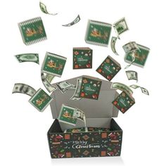 an open christmas card box with money falling out of it and flying into the air