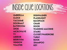 the inside clue locations are displayed on a pink and purple background with white text that reads inside clue locations