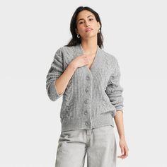 Women's Cozy Knit Cable Stitch Cardigan - Universal Thread™ Gray S Snug Soft Knit Winter Cardigan, Trendy Knit Cardigan With Cozy Fit, Trendy Textured Knit Cardigan For Cold Weather, Relaxed Fit Knit Cardigan For Cold Weather, Snug Long Sleeve Fall Cardigan, Cozy Fit Cardigan For Cold Weather In Spring, Snug Gray Sweater For Fall, Snug Long Sleeve Cardigan For Fall, Snug Knit Casual Outerwear