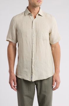 Look undaunted by heat and humidity in this short-sleeve sport shirt of breathable linen that will get softer with every washing. Spread collar Short sleeves 100% linen Machine wash, line dry Imported Khaki Linen Short Sleeve Tops, Short Sleeve Khaki Shirt With Buttons, Khaki Short Sleeve Shirt With Button Closure, Summer Khaki Camp Shirt With Button Closure, Khaki Short Sleeve Shirt With Buttons, Casual Flax Button-up Top, Summer Khaki Crew Neck Shirt, Khaki Short Sleeve Shirt For Summer, Khaki Short Sleeve Shirt