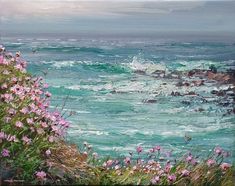 an oil painting of the ocean with pink flowers