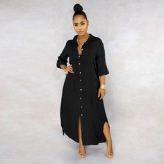 Autumn Long Sleeve Button Lapel Shirt Maxi Dress Simple Linen Dress, Split Maxi Dress, Button Down, Maxi Shirt Dress, Linen Maxi Dress, Looks Chic, Black Shirt Dress, Linen Dress, Black Maxi Dress