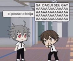 two anime characters talking to each other in an empty room with text bubbles above them