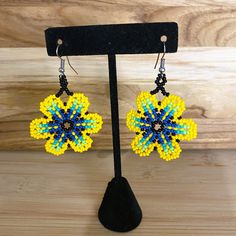 Beautiful Handmade Huichol Earrings, From Mexico. Lightweight And Chic! The Perfect Complement To Any Outfit! Adjustable Yellow Beaded Earrings With Ear Wire, Adjustable Yellow Beaded Earrings, Yellow Beaded Drop Earrings As Gift, Yellow Drop Beaded Earrings As Gift, Yellow Drop Beaded Earrings For Gift, Yellow Dangle Beaded Earrings For Gifts, Handmade Yellow Flower Beaded Earrings, Yellow Drop Beaded Earrings, Yellow Beaded Flower Earrings