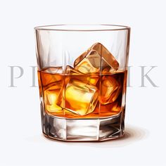 a glass filled with ice cubes sitting on top of a table next to a white background