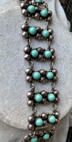 Beautiful 1940s Mexican Art Deco Sterling Silver Turquoise Chain Link Vintage Bracelet Measures 7 3/4 inches long Vintage Turquoise Bracelets As Gift, Vintage Green Bracelet With Patina, Vintage Turquoise Necklace With Patina, Retro Turquoise Jewelry For Collectors, Retro Turquoise Jewelry For Collectible, Retro Turquoise Jewelry Collectible, Vintage Turquoise Bracelet, Usa Jewelry, Vintage Bracelet