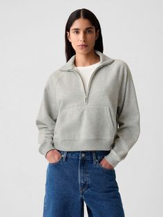 Soft cotton-blend cropped pullover sweatshirt.  Mockneck with half zip closure.  Long sleeves.  * Fit: Over Zip Up Sweater Outfit, Cropped Half Zip, Half Zip Hoodie, Cropped Pullover, Wardrobe Update, Half Zip Sweatshirt, Vintage Soft, Half Zip Pullover, Zip Up Sweater