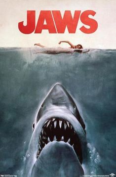 a movie poster for jaws with a man swimming in the water next to a shark