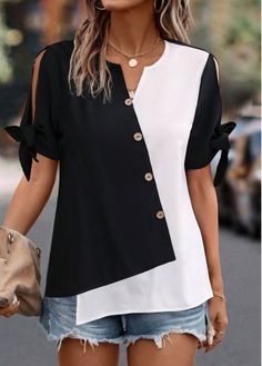 Color:Black;Size:S;Size:M;Size:L;Size:XL;Size:XXL;Package Contents:1 X Blouse;Occasion:Other;Style:Bohemian; Patchwork Short Sleeve Blouse For Work, Black Patchwork Tops For Work, Black Patchwork Summer Blouse, Fitted Patchwork Blouse For Work, Black Patchwork Blouse For Summer, Black V-neck Blouse With Patchwork, Elegant V-neck Blouse With Patchwork, Elegant V-neck Patchwork Blouse, Black Blouse For Office Wear In Summer