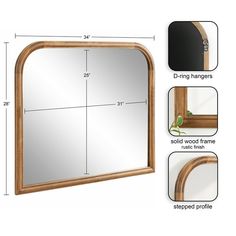 a wooden mirror frame with measurements for the top and bottom section, along with other details