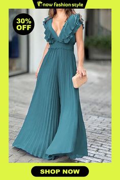 Elegant Solid Flounce Fold V Neck Jumpsuits Chic Sleeveless Pleated Jumpsuits And Rompers, Sleeveless Pleated Party Jumpsuits And Rompers, Elegant Pleated Jumpsuits And Rompers For Summer, Chic Pleated Jumpsuits And Rompers For Spring, Sleeveless Pleated Jumpsuits And Rompers For Spring, Pleated Fitted Jumpsuits And Rompers For Party, Elegant Solid Color One-piece Jumpsuit, Elegant Solid Color Summer Jumpsuits And Rompers, High-waisted Evening Jumpsuits And Rompers For Summer