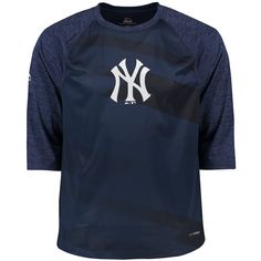 the new york yankees baseball jersey is shown in blue and black with white lettering on it