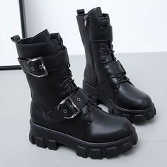 Gothic Punk Platform Boots, High Chunky Platform Boots, Riding Boots, Long Boots, Zipper Boots. PU Leather Boots. Combat Boots, Biker Boots, Punk Boots, Gothic Boots. Black Women's Boots.

Super cool punk, biker style mid calf boots are the perfect boot for everyday wear.
Made from high quality PU leather with round toe, buckle straps, lace up, and side zip up closure, low chunky square heel, and seam detailing, they provide both comfort and support for you during your busy day. 
Strong, sturdy Winter Concert Platform Boots, Punk Style Winter Boots, Grunge Winter Boots For Concerts, Grunge Boots For Winter Concert, Grunge Lace-up Boots For Fall Concerts, Winter Martin Boots With Round Toe For Concerts, High Ankle Martin Boots For Winter, High Ankle Martin Boots For Winter Alternative Fashion, Edgy Winter Combat Boots