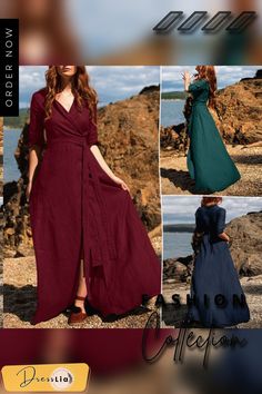 Women Vintage Party Dress Long Sleeve V Neck Office Lady Dress Autumn New Fashion Casual Dress Solid Color Beach Dress For Fall, Solid Color Maxi Dress For Cocktail In Spring, Spring Cocktail Maxi Dress In Solid Color, Summer Evening V-neck Solid Color Dress, Summer Cocktail Maxi Dress Solid Color, Non-stretch Cocktail Dress, Solid Color Maxi Dress For Date Night, Long Dresses For Date Night, Bohemian Maxi Length Solid Color Dress