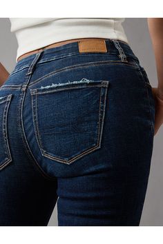 Next Level Stretch/Our softest, stretchiest, never-loses-its-shape denim/Super soft, super comfortable, breathable denim/Won't bag out. Ever./Dark wash Everyday Fitted Straight Leg Bottoms, Denim Blue Mid-rise Jeans, High Rise Bottoms For Everyday, High Rise Jeans For Everyday Use, Curvy Jeans, Bootcut Jeans, Next Level, Women's Jeans, American Eagle Outfitters