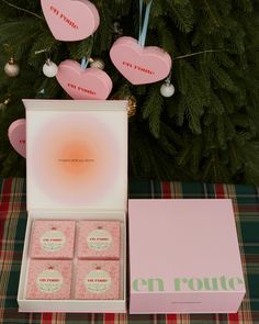 the pink box is next to some christmas decorations