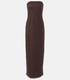 Beaded strapless maxi dress in brown - Rotate | Mytheresa Brown Strapless Dress, Birger Christensen, Guest Attire, Strapless Neckline, Wedding Attire Guest, Strapless Maxi, Strapless Maxi Dress, Fall 2024, Guest Dresses