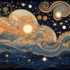 an artistic painting with stars and clouds in the night sky above the ocean, as if it were made out of paper