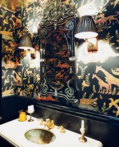 a bathroom sink under two lamps next to a wall with animal designs on the walls